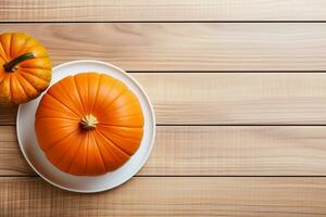 ai généré Orange citrouille sur blanc en bois Contexte. photo