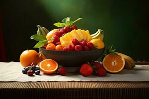 ai généré une bol de Frais et coloré des fruits sur le tableau. photo