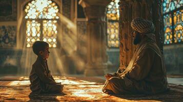 ai généré musulman père enseigner fils dans le mosquée photo