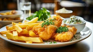 ai généré croustillant poisson et d'or frites avec citron coin sur plaque, fermer coup photo