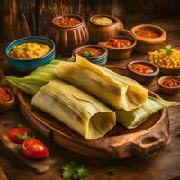 ai généré mexicain nourriture tamales sur en bois table photo