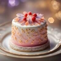 ai généré une rose gâteau sur une assiette avec une or assiette photo