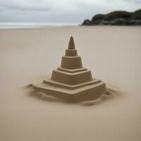 ai généré une le sable pyramide sur le plage avec une nuageux ciel photo