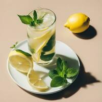 ai généré limonade avec menthe feuilles et citron tranches sur une blanc assiette photo