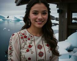 ai généré portrait de une Jeune femme souriant à caméra dans de face de icebergs. ai génératif photo