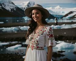 ai généré portrait de une Jeune femme souriant à caméra dans de face de icebergs. ai génératif photo