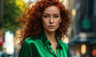 ai généré magnifique Jeune femme avec rouge frisé cheveux dans une vert robe dans le ville à nuit. ai génératif photo