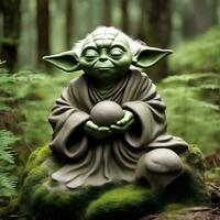ai généré yoda statue dans le forêt photo