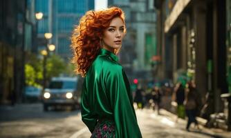 ai généré magnifique Jeune femme avec rouge frisé cheveux dans une vert robe dans le ville à nuit. ai génératif photo