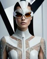 ai généré magnifique Jeune femme dans futuriste costume. beauté, mode. optique. ai génératif photo