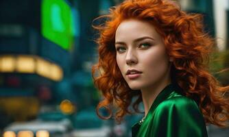 ai généré magnifique Jeune femme avec rouge frisé cheveux dans une vert robe dans le ville à nuit. ai génératif photo