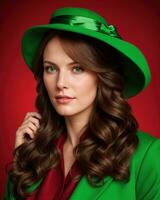 ai généré portrait de une magnifique Jeune femme dans vert manteau et rouge chapeau. ai génératif. ai génératif photo