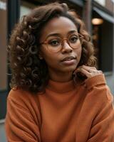 ai généré magnifique africain américain femme avec frisé coiffure et lunettes. ai génératif photo