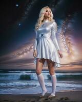 ai généré magnifique blond femme dans blanc robe sur le plage à nuit. ai génératif photo