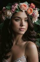 ai généré magnifique Jeune femme avec fleurs dans cheveux à la recherche à caméra isolé sur gris. ai génératif photo