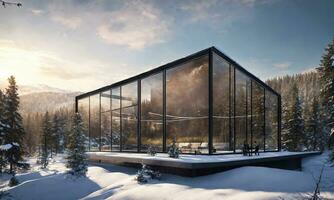 ai généré le coucher du soleil dans le hiver forêt avec une pavillon sur le toit. ai génératif photo