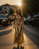 ai généré magnifique Jeune femme dans une longue Jaune robe en marchant sur le rue à le coucher du soleil. ai génératif photo