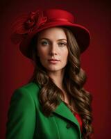 ai généré portrait de une magnifique Jeune femme dans vert manteau et rouge chapeau. ai génératif. ai génératif photo