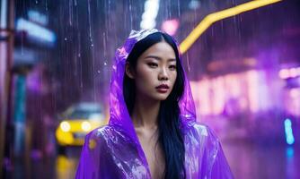 ai généré magnifique asiatique femme dans violet imperméable en marchant dans le ville. ai génératif photo