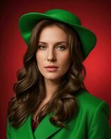 ai généré portrait de une magnifique Jeune femme dans vert manteau et rouge chapeau. ai génératif. ai génératif photo