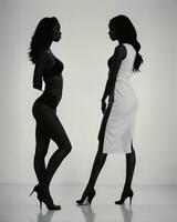 ai généré silhouette de Trois femmes dans noir et blanc Robes, studio tir. ai génératif photo