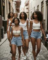 ai généré groupe de Jeune magnifique africain américain femmes dans jeans short en marchant dans le ville. ai génératif photo