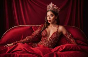 ai généré magnifique fille dans une rouge robe avec une couronne sur sa diriger. ai génératif photo