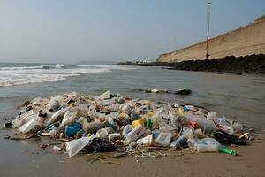 ai généré Plastique Sacs et autre poubelle sur le plage photo