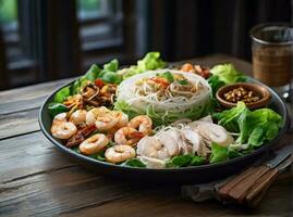 ai généré miang thaïlandais nourriture style une assiette avec crevette, des légumes et verre nouille photo