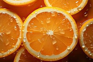 ai généré Frais Orange avec brillant gouttelettes de l'eau vu de au dessus photo