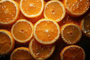 ai généré Frais Orange avec brillant gouttelettes de l'eau vu de au dessus photo