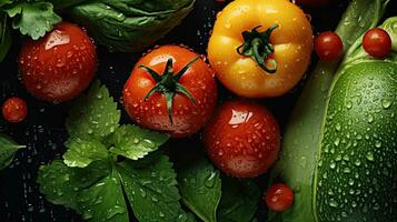 ai généré Frais des légumes avec brillant gouttelettes de l'eau vu de au dessus photo