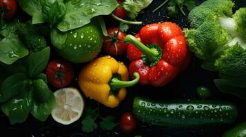 ai généré Frais des légumes avec brillant gouttelettes de l'eau vu de au dessus photo