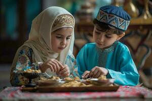 ai généré une Jeune garçon et une Jeune femme en mangeant iftar dans arabe vêtements pendant Ramadan ai génératif photo