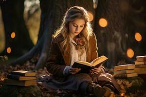 ai généré une femme séance sur le sol en train de lire une livre dans une brillant nuit photo