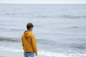 une garçon dans un l'automne Jaune veste des stands sur le rivage. cool l'automne temps. calme mer. arrière vue photo