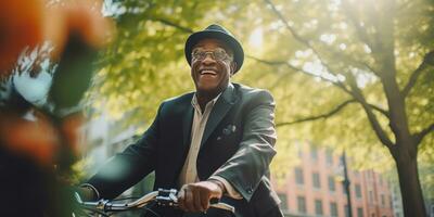 ai généré élégant noir homme dans costume cyclisme dans ville. ai génératif. photo