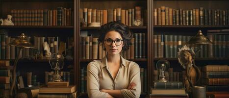 ai généré branché femelle étudiant séance parmi étagères dans un vieux Université bibliothèque, profondément absorbé dans en étudiant. photo