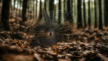 ai généré une araignée la toile dans le milieu de une forêt photo