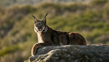 ai généré une Lynx est séance sur une Roche photo