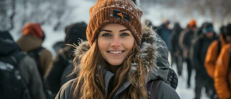 ai généré photo de une joyeux Jeune femme sur une hiver aventure, sa sourire rayonnant bonheur contre une neigeux toile de fond.