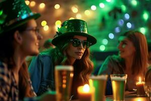 ai généré Jeune femme avec vert chapeau et vert cocktail sur le Contexte de le nuit club st. patrick's journée faire la fête. photo