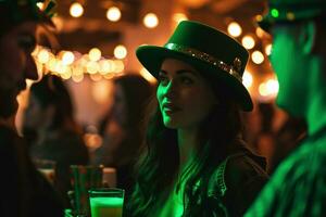 ai généré Jeune femme avec vert chapeau et vert cocktail sur le Contexte de le nuit club st. patrick's journée faire la fête. photo