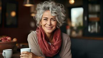 ai généré portrait de une contenu âge moyen femme. génératif ai. photo