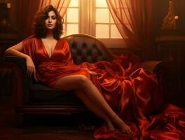 ai généré une femme dans une rouge robe séance sur une canapé photo