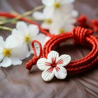 ai généré une rouge corde avec une blanc fleur sur il photo