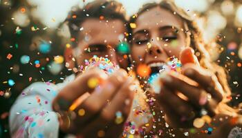 ai généré jeunes mariés soufflant coloré confettis photo