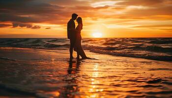 ai généré silhouette de marié couple sur le plage photo
