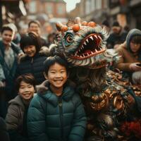 ai généré une homme pose avec une Lion dans une chinois Nouveau année parade photo