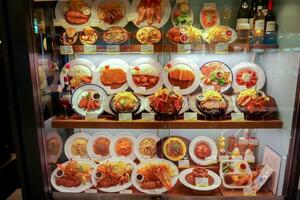 Osaka ville, Japon, 2019 - réplique Japonais nourriture afficher dans vitrine de Japonais restaurant dans le Osaka ville, Japon. photo